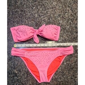 VS PINKRhinestone Bandeau Bikini Set Strapless Ruched Tie Front Swimsuit Womens
